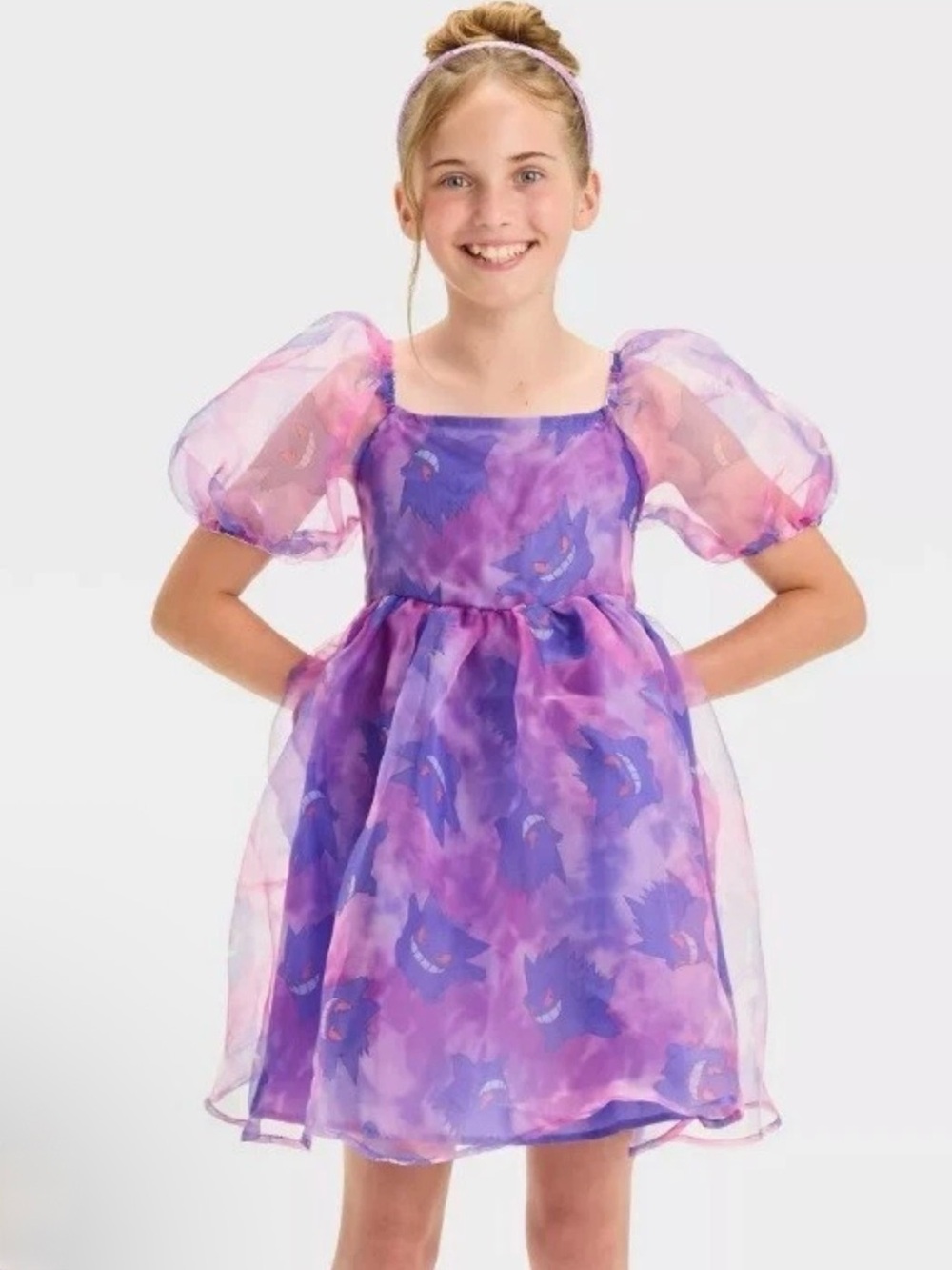 Size 10-12 Pokémon Girls Purple Organza Puff Sleeve Party Dress